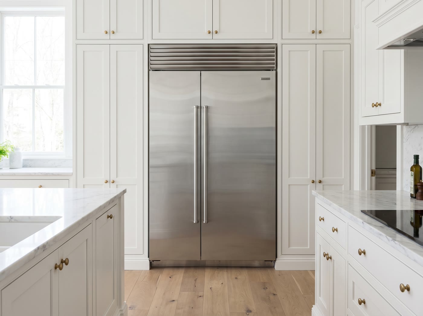 A built in refrigerator in a luxury kitchen